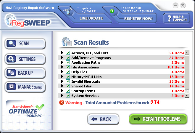 Windows Registry SWEEP (Cleaner) 2011.08 software screenshot