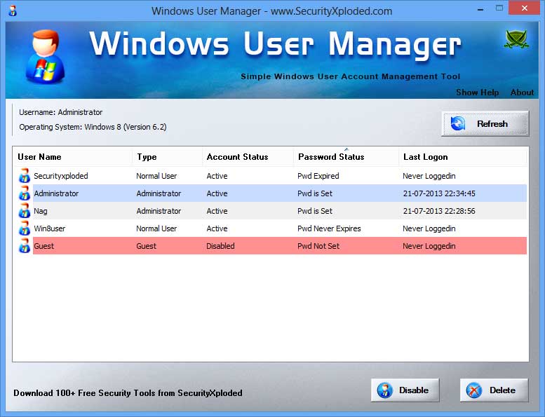 Windows User Manager 1.0 software screenshot