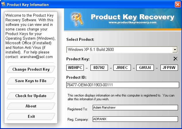Windows and Office Product Key Viewer 2 software screenshot