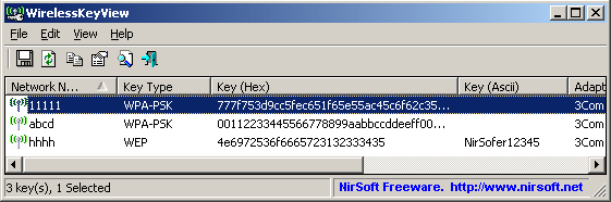 WirelessKeyView 2.05 software screenshot