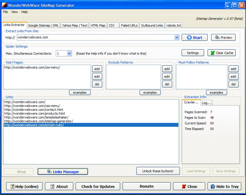 WonderWebWare SiteMap Generator 0.975 Beta software screenshot