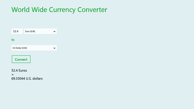 World Wide Currency Converter for Windows 8 1.0.0.4 software screenshot