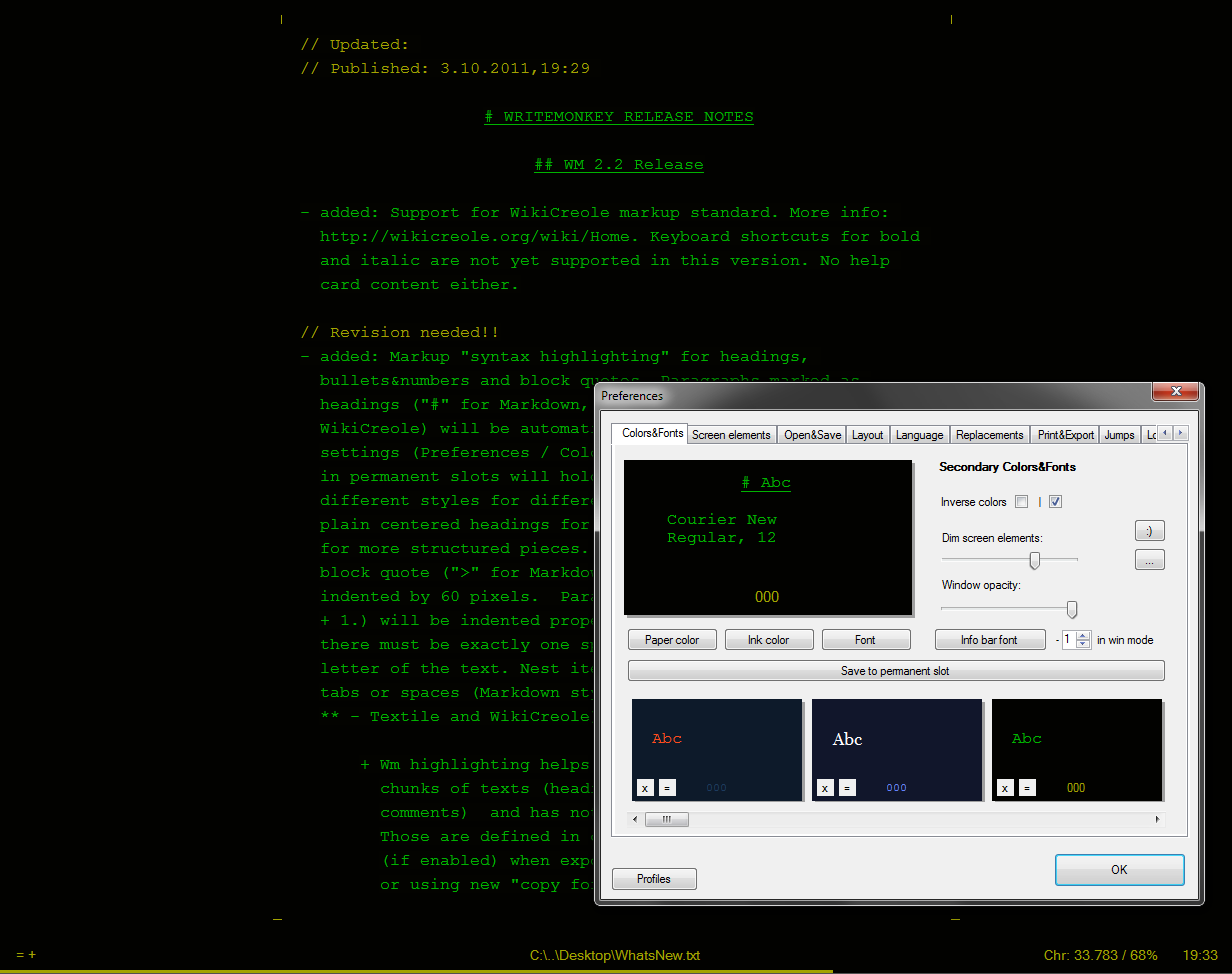 WriteMonkey 2.6.0.2 software screenshot