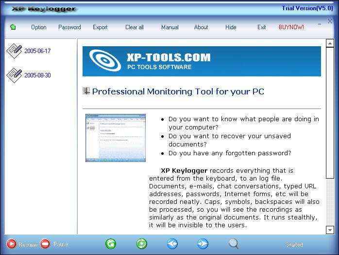 XP Keylogger 5.82 software screenshot
