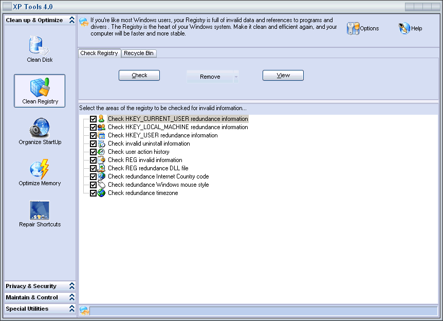 XP Tools Vista Version 9.8 software screenshot