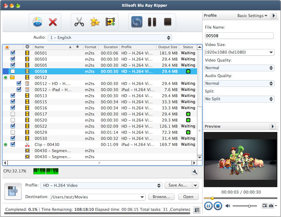 Xilisoft Blu Ray Ripper for Mac 2.0.0.20120419 software screenshot