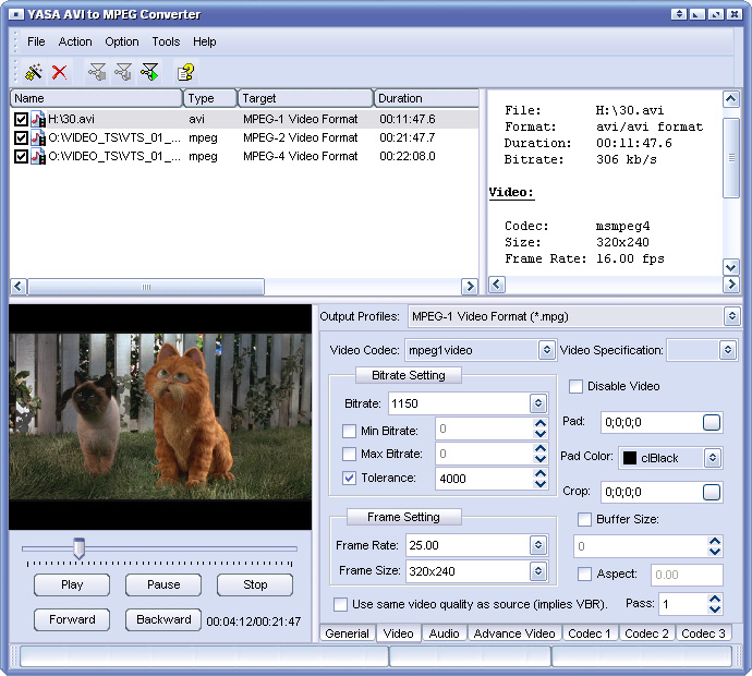 YASA AVI to MPEG Converter 3.6.54.1302 software screenshot