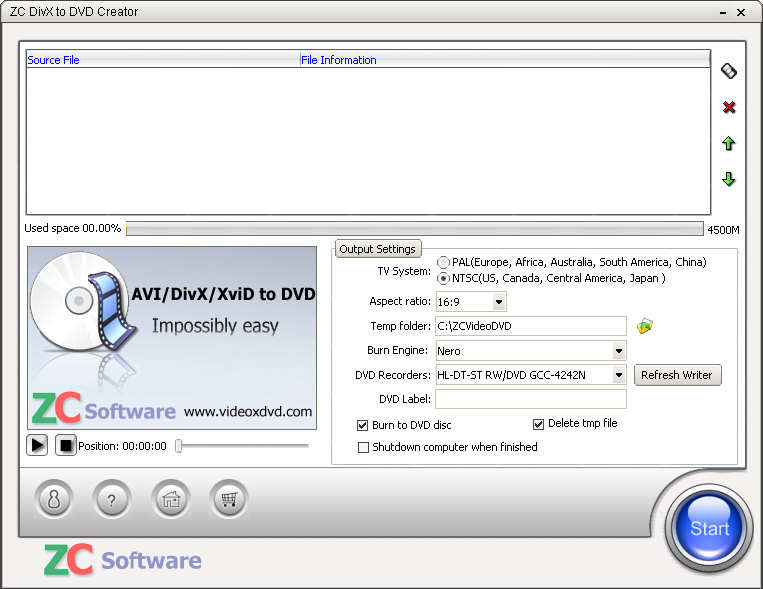 ZC DivX to DVD Creator 6.6.6 software screenshot