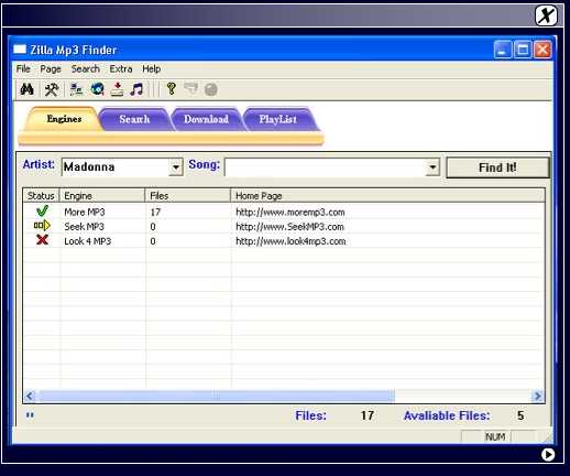 Zilla MP3 Finder 3.0.0.1 software screenshot