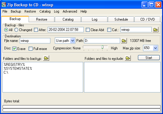 Zip Backup to CD 3.18 software screenshot