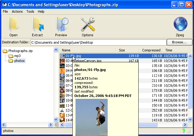 Zipeg 2.9.4.1316 software screenshot