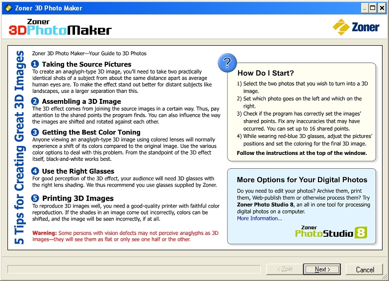 Zoner 3D Photo Maker 1.0 software screenshot