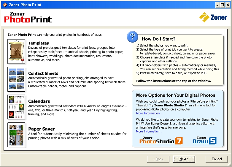 Zoner Photo Print 1.0 software screenshot