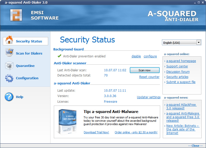 a-squared Anti-Dialer 3.5.0.1 software screenshot