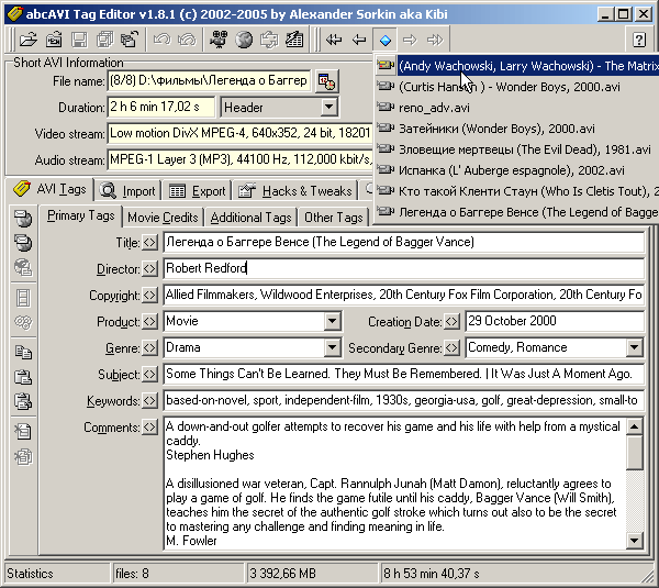 abcAVI Tag Editor 1.8.1.129 software screenshot