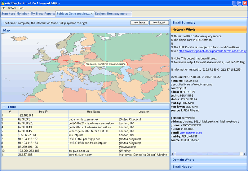 eMailTrackerPro 9.0h software screenshot