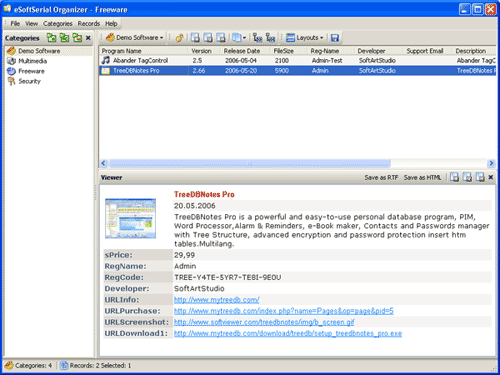 eSoftSerial Organizer 1.06 software screenshot