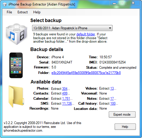 iPhone Backup Extractor 7.4.8.1596 software screenshot