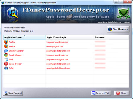 iTunes Password Decryptor 4.5 software screenshot