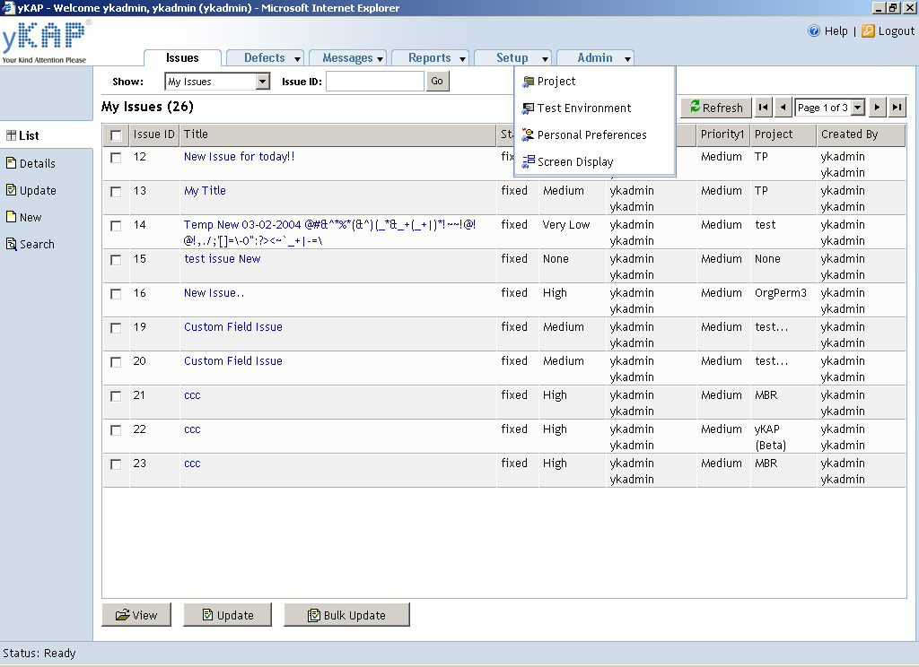 yKAP Bug Tracking / Issue Management Software 2.40 software screenshot