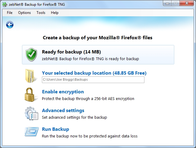 zebNet Backup for Firefox TNG Build 4.0.7.11 software screenshot