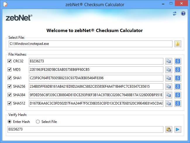 zebNet Checksum Calculator 1.1.3.0 software screenshot